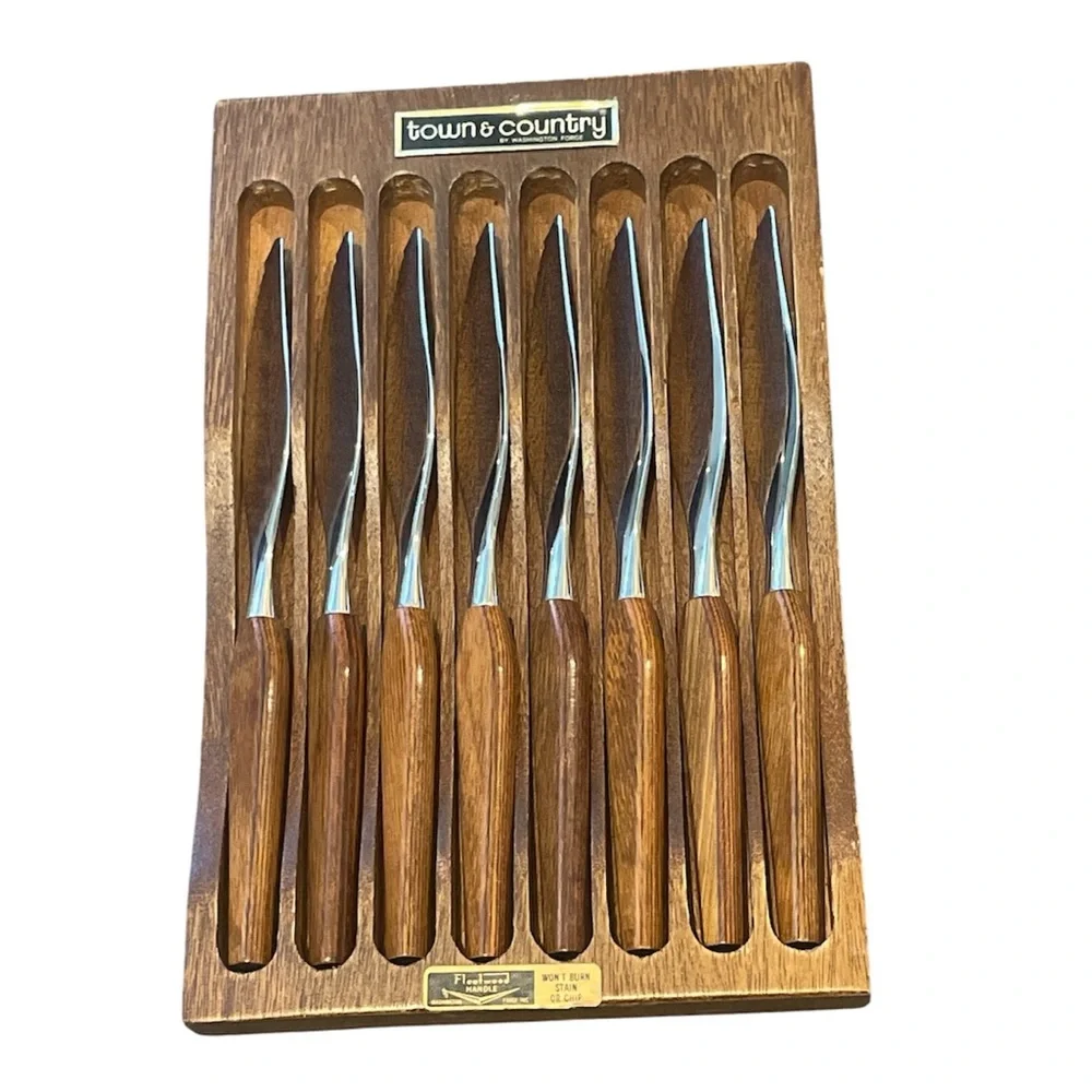 Town & Country Steak Knife Set Washington Forge Wood Handle Stainless Blade MCM